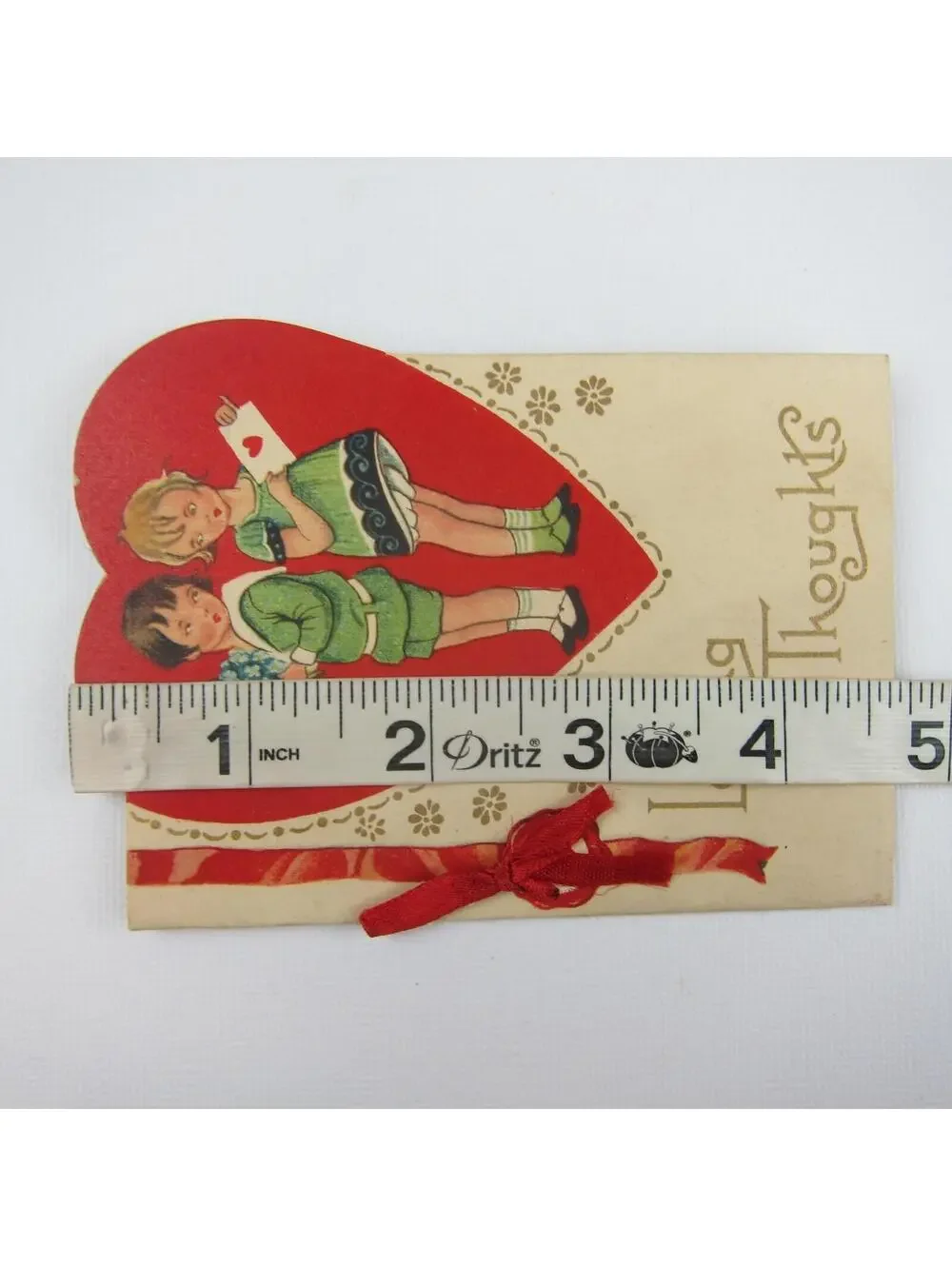 Valentine Card Boy Sailor Suit Blonde Girl Green Dress Die cut Bifold Red Ribbon